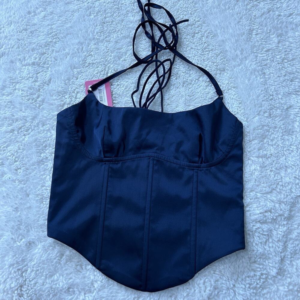 Edikted Women’s Navy Drawstring Corset Satin Sz M College Preppy City Sexy